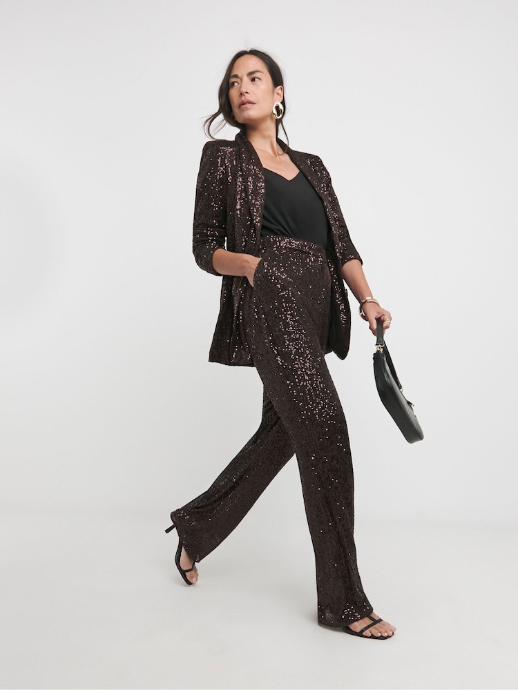 JD Williams Sequin Chocolate Slim Leg Trousers - Image 1 of 4