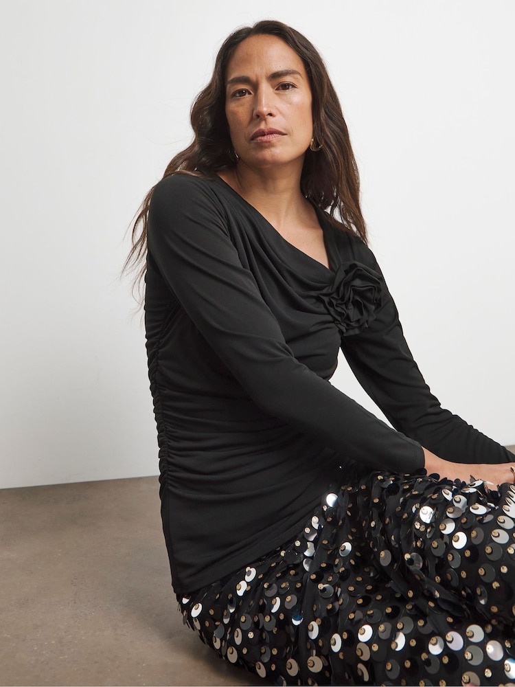 Joanna Hope Ruched Black Top With Bow - Image 1 of 4