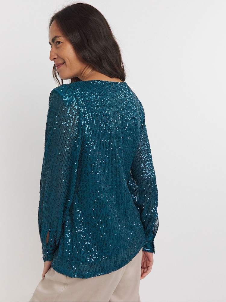 JD Williams Blue Sequin Slash Neck Volume Sleeve Top - Image 2 of 4