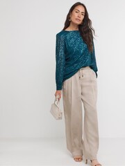 JD Williams Blue Sequin Slash Neck Volume Sleeve Top - Image 3 of 4
