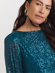 JD Williams Blue Sequin Slash Neck Volume Sleeve Top - Image 4 of 4