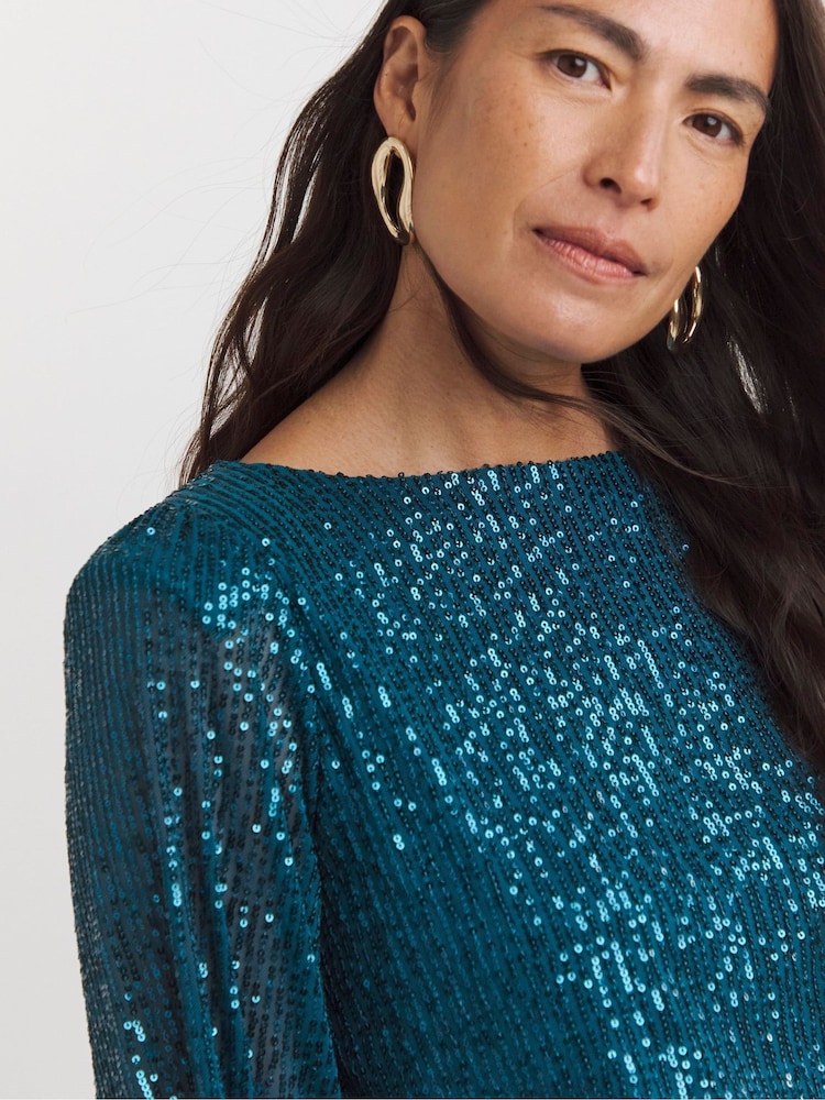 JD Williams Blue Sequin Slash Neck Volume Sleeve Top - Image 4 of 4
