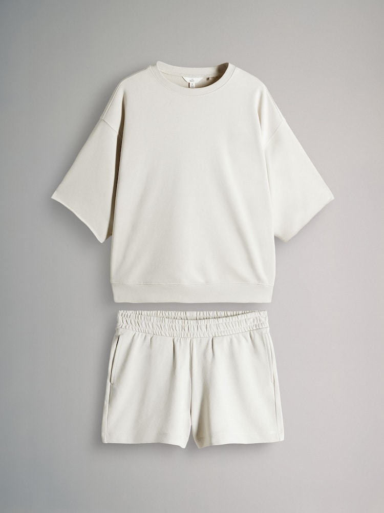 The Set Cream Short Sleeved Loopback Sweatshirt and Jogger Shorts Set - Image 1 of 5