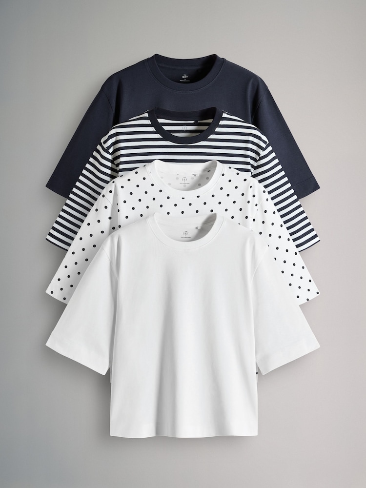 The Set Navy/White/Navy Stripe/Navy Spot 4 Pack Heavy Weight Relaxed T-Shirts - Image 2 of 17