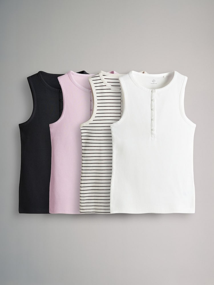 The Set Pink/Black/Cream/Stripe Ribbed Henley Vests 4 Pack - Image 2 of 15