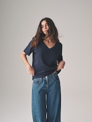 Navy/Light Blue/ Cream - The Set מארז של 3 חולצות טי מבד במרקם לא אחיד עם צווארון וי, %100 כותנה - תמונה 1 מתוך 12