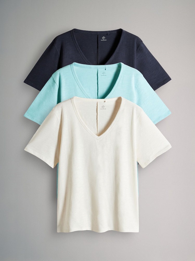 Navy/Light Blue/ Cream - The Set מארז של 3 חולצות טי מבד במרקם לא אחיד עם צווארון וי, %100 כותנה - תמונה 1 מתוך 12
