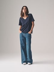 Navy/Light Blue/ Cream - The Set מארז של 3 חולצות טי מבד במרקם לא אחיד עם צווארון וי, %100 כותנה - תמונה 3 מתוך 12