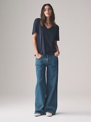 Navy/Light Blue/ Cream - The Set מארז של 3 חולצות טי מבד במרקם לא אחיד עם צווארון וי, %100 כותנה - תמונה 4 מתוך 12