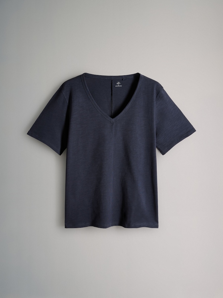 The Set Navy/Light Blue/ Cream Slub 100% Cotton V-Neck T-Shirts 3 Pack - Image 8 of 12