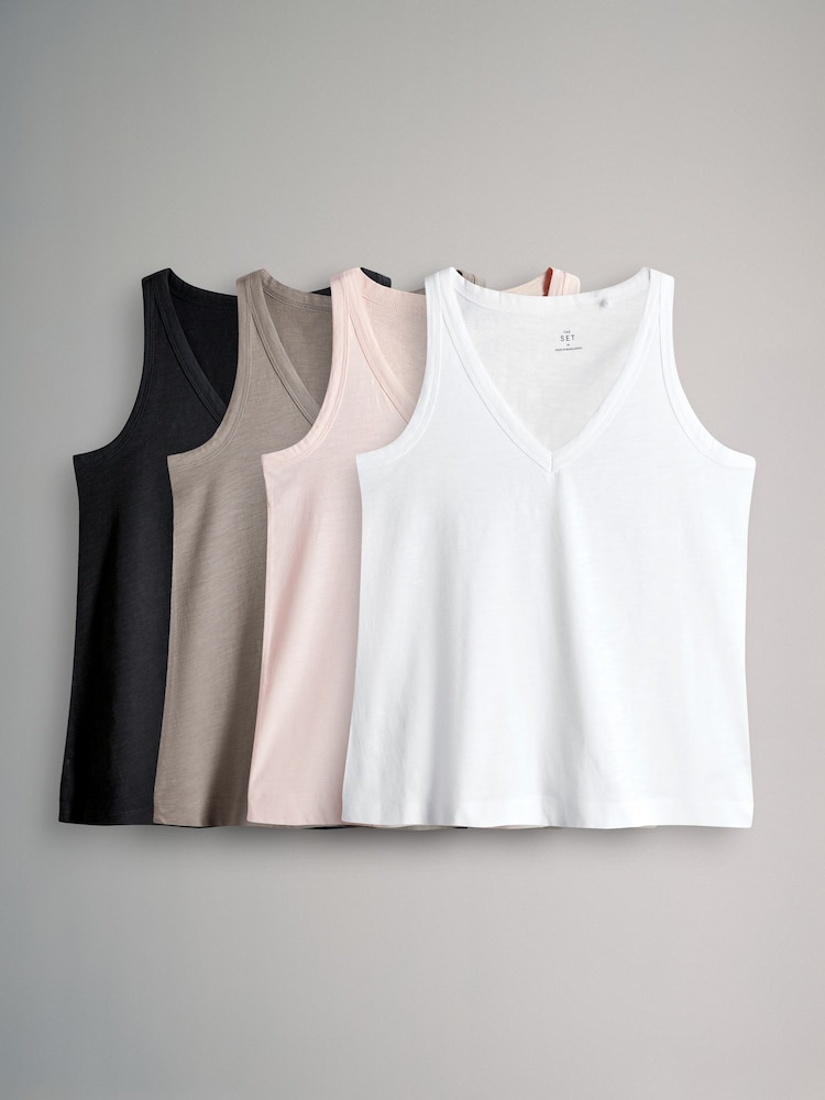 The Set Black/White/Taupe Brown/Pink 4 Pack 100% Cotton Slub V-Neck Swing Vests - Image 1 of 6