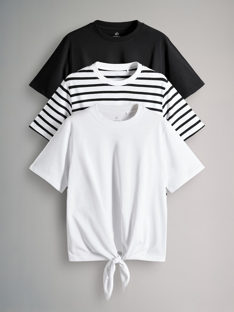The Set Black/White/Black and White Stripe 3 Pack Tie Front 100% Cotton T-Shirts - Image 1 of 6