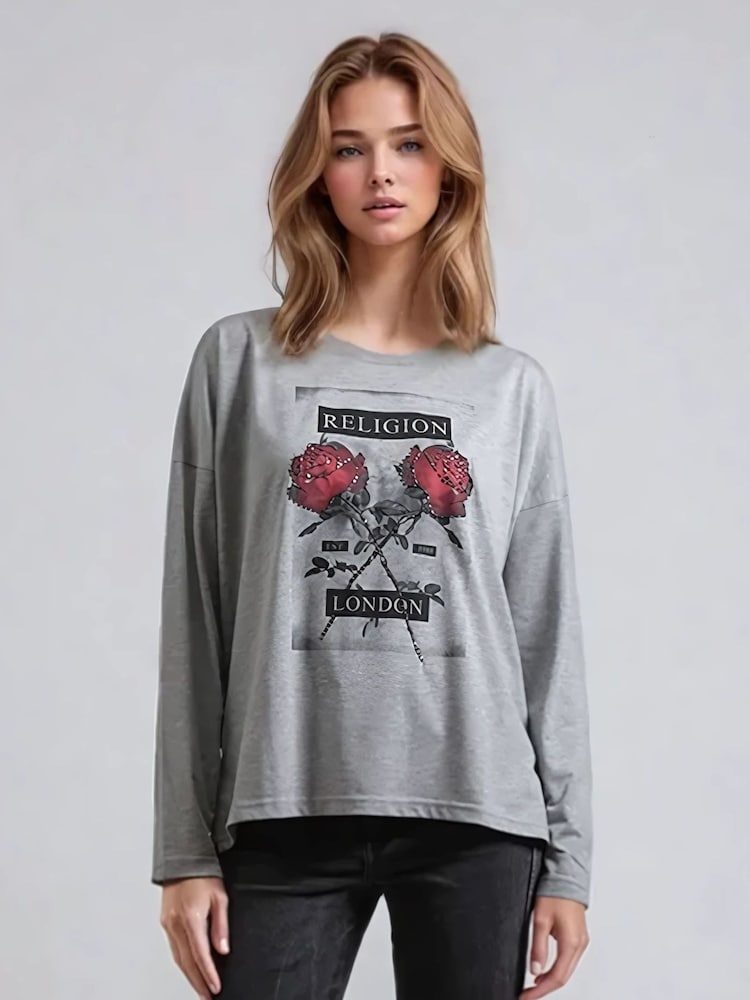 Religion Grey Long Sleeve Flush 100% Cotton T-Shirt with Floret Roses Religion Artwork - Image 1 of 6