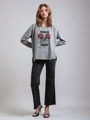 Religion Grey Long Sleeve Flush 100% Cotton T-Shirt with Floret Roses Religion Artwork - Image 2 of 6