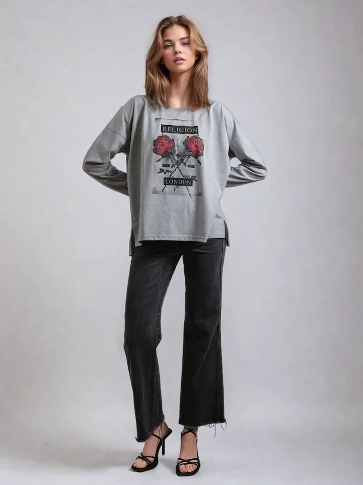 Religion Grey Long Sleeve Flush 100% Cotton T-Shirt with Floret Roses Religion Artwork - Image 2 of 6 Religion Grey Long Sleeve Flush 100% Cotton T-Shirt with Floret Roses Religion Artwork - Image 2 of 6
