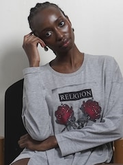 Religion Grey Long Sleeve Flush 100% Cotton T-Shirt with Floret Roses Religion Artwork - Image 3 of 6