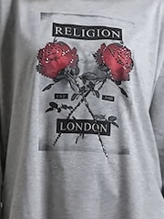 Religion Grey Long Sleeve Flush 100% Cotton T-Shirt with Floret Roses Religion Artwork - Image 5 of 6