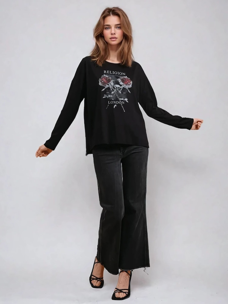 Religion Long Sleeve Flush 100% Cotton T-Shirt with Floret Roses Religion Artwork - Image 2 of 6