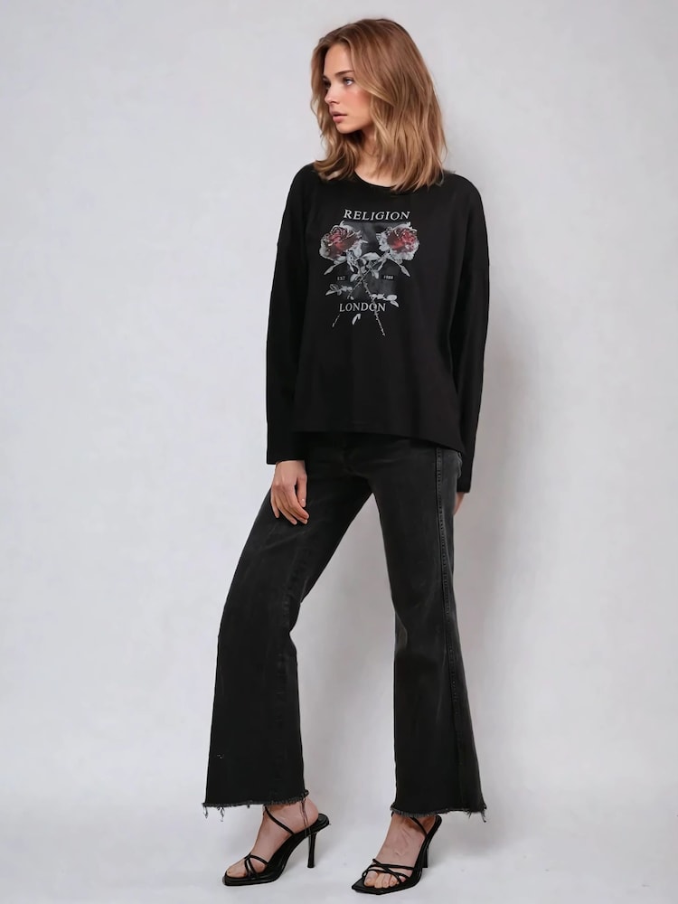 Religion Long Sleeve Flush 100% Cotton T-Shirt with Floret Roses Religion Artwork - Image 5 of 6