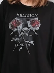 Religion Long Sleeve Flush 100% Cotton T-Shirt with Floret Roses Religion Artwork - Image 6 of 6