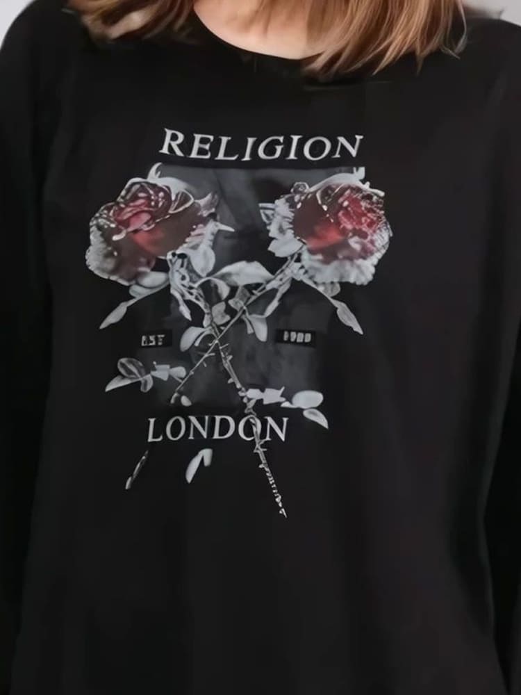 Religion Long Sleeve Flush 100% Cotton T-Shirt with Floret Roses Religion Artwork - Image 6 of 6