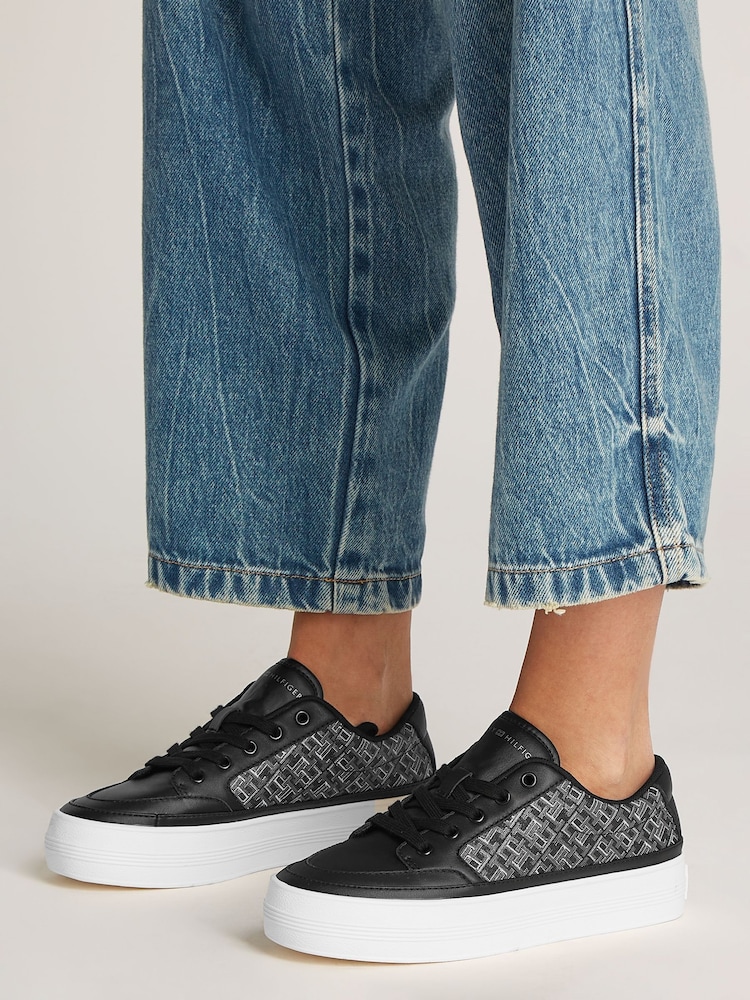 Tommy Hilfiger Black Vulcanised Leather Monogram Trainers - Image 1 of 5