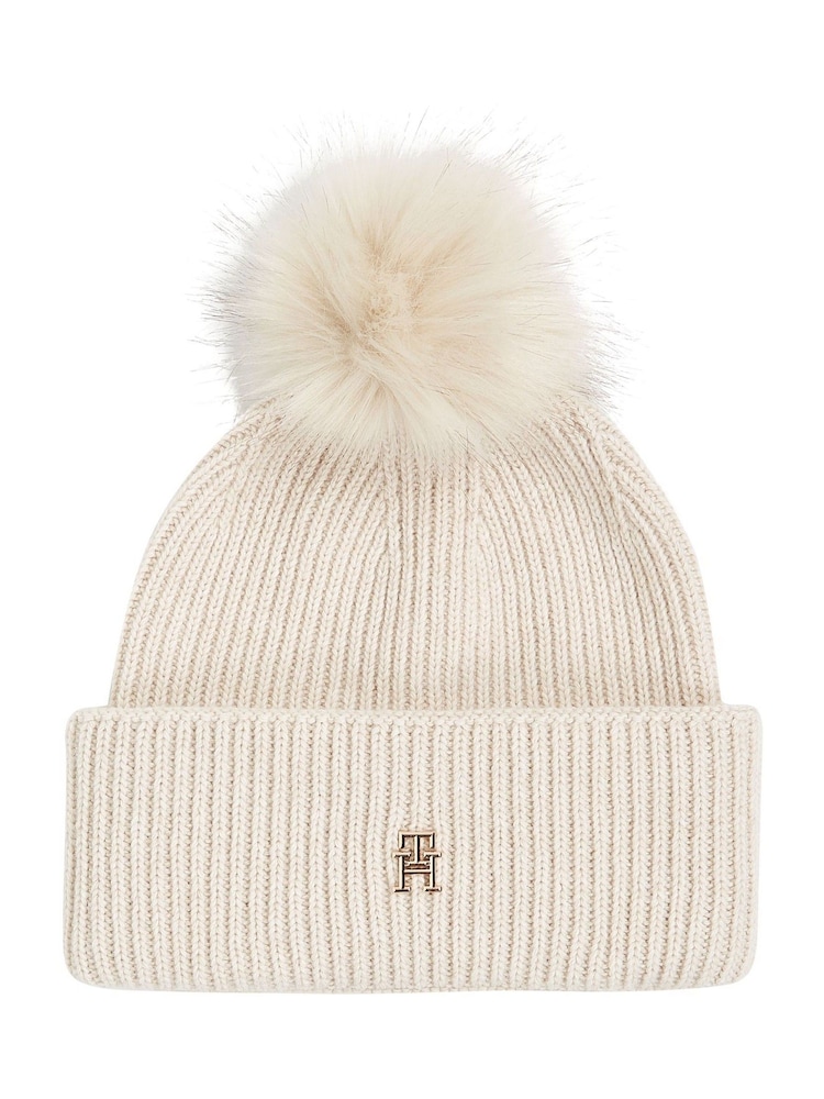 Tommy Hilfiger White Pom Pom Beanie With Cashmere - Image 1 of 3