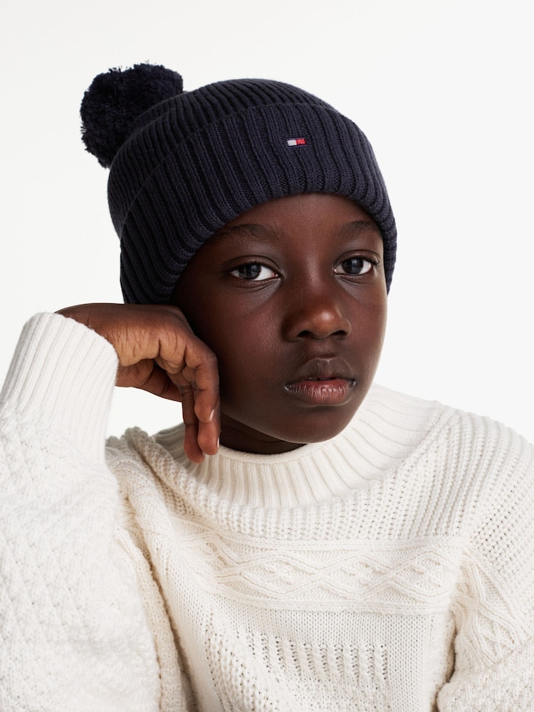 Tommy Hilfiger Blue 100% Cotton Pom Pom Beanie - Image 1 of 6