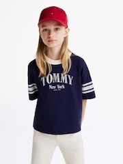 Tommy Hilfiger Blue 100% Cotton Varsity Colourblock T-Shirt - Image 1 of 7