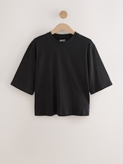 Negro - Relaxed Boxy Elbow Length Crew Neck 100% Cotton T-Shirt - Imagen 1 de 3