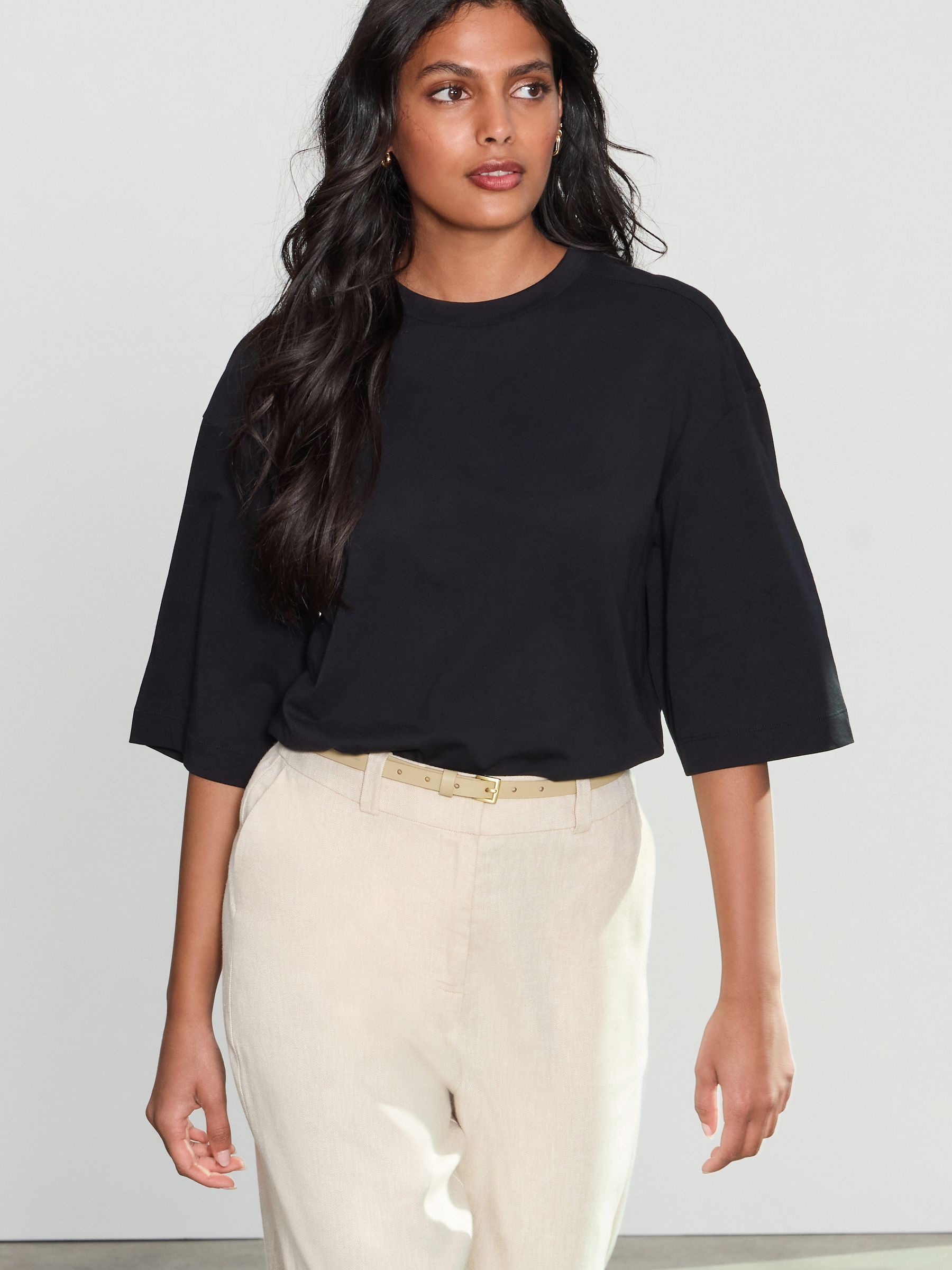 Buy Black Relaxed Boxy Elbow Length Crew Neck T-Shirt from