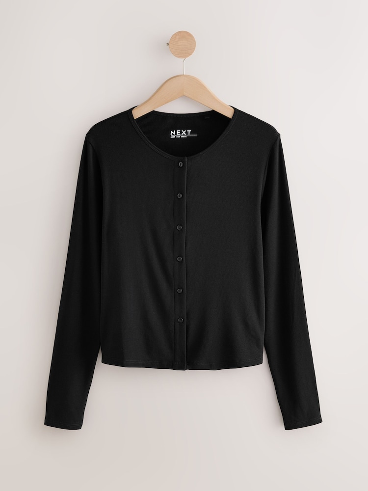 Black Soft Touch Ribbed Long Sleeve Button Through Cardigan with Containing TENCEL™ Lyocell - Image 1 of 3
