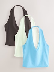 Chocolate/Blue/Lemon Halter Neck Vest Tops 3 Pack - Image 1 of 12