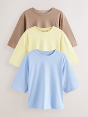 Blue/Lemon Yellow/Neutral - Elbow Length Crew Neck 100% Cotton T-Shirts 3 Pack - Imagen 1 de 4