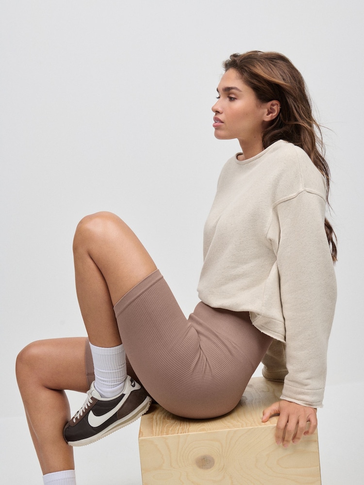 Neutral High Waist Ribbed Cycling Shorts - Image 1 of 7