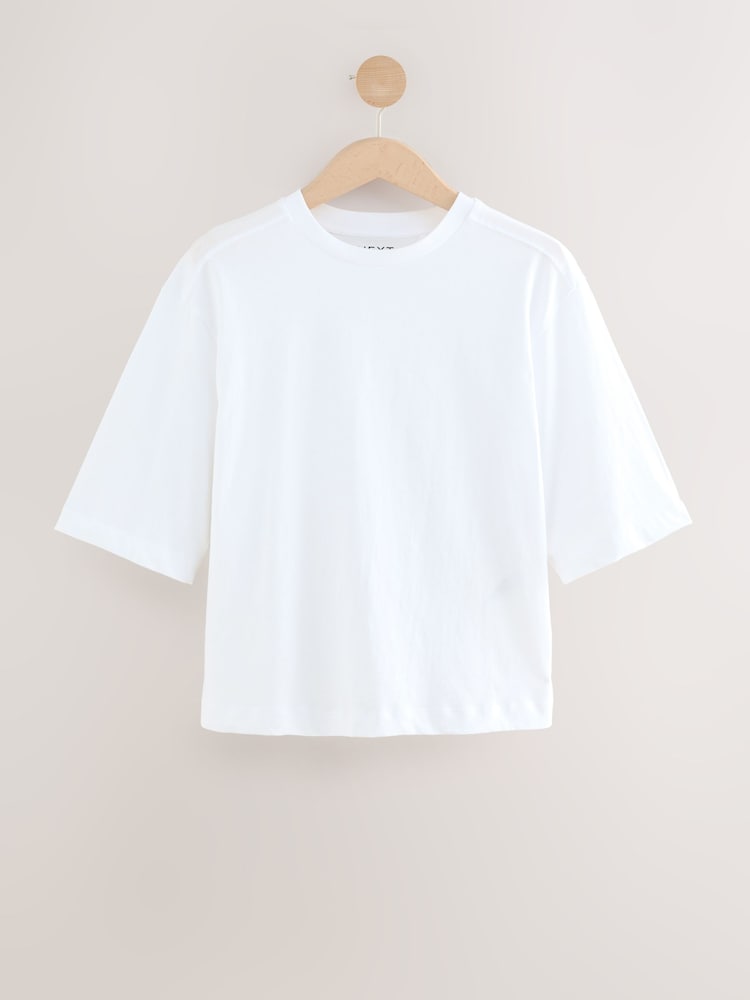 Blanco - Relaxed Boxy Elbow Length Crew Neck 100% Cotton T-Shirt - Imagen 1 de 3