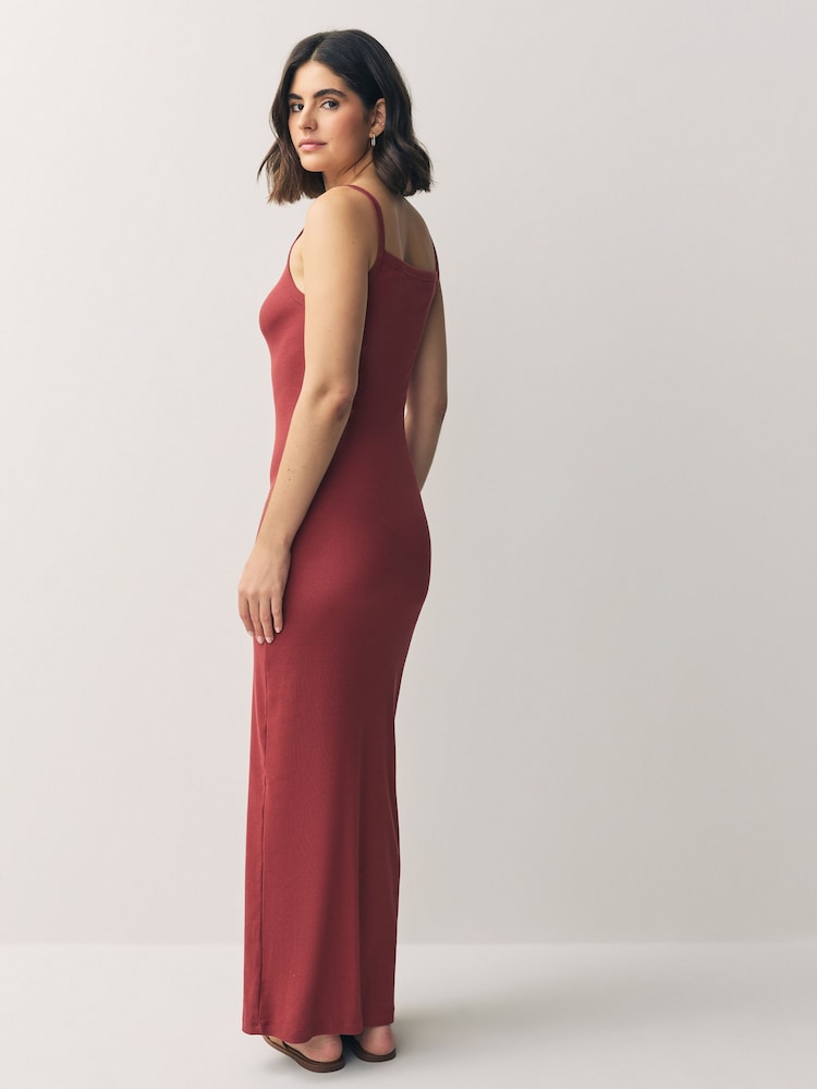 Rust Red Strappy Maxi Length Ribbed Dress - Image 2 of 7