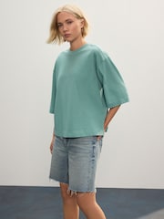 Verde turquesa - Relaxed Boxy Elbow Length Crew Neck 100% Cotton T-Shirt - Imagen 2 de 8