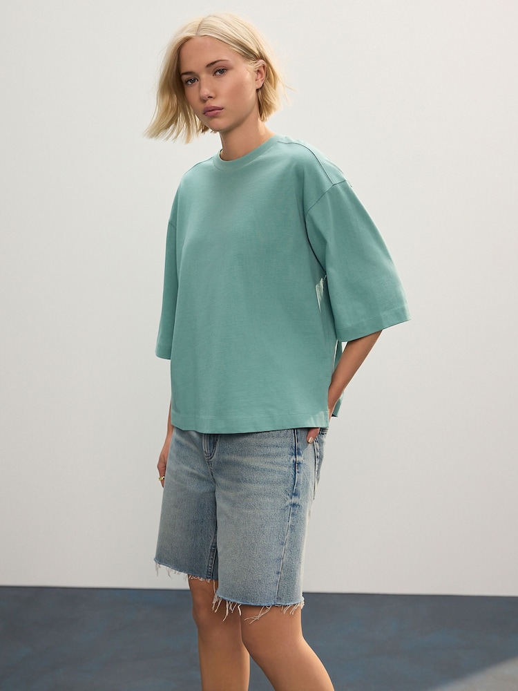 Türkisgrün - Relaxed Boxy Elbow Length Crew Neck T-Shirt - Bild 2 von 8 Türkisgrün - Relaxed Boxy Elbow Length Crew Neck T-Shirt - Bild 2 von 8
