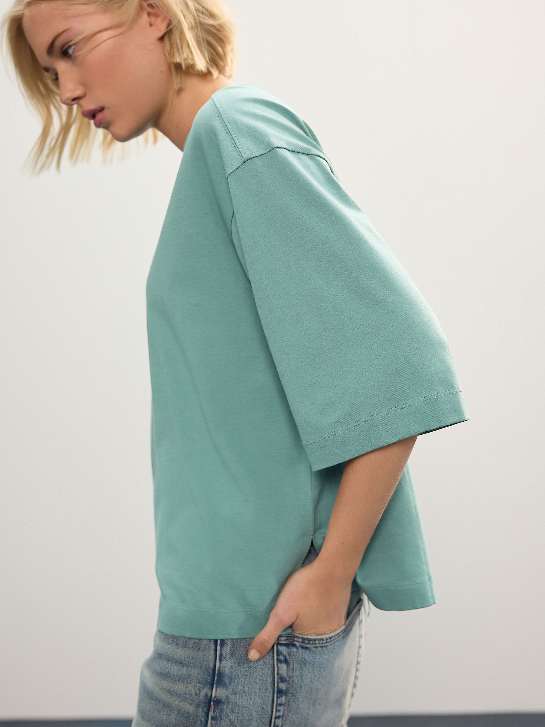 Buy Turquoise Green Relaxed Boxy Elbow Length Crew Neck T-Shirt
