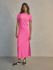 Bright Pink Ribbed T-Shirt Style Column Maxi Dress With Slit Detail - Image 1 of 6