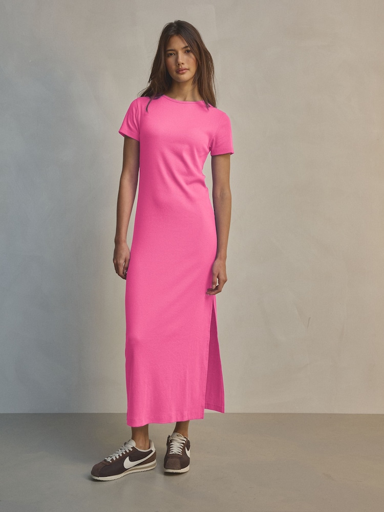 Bright Pink Ribbed T-Shirt Style Column Maxi Dress With Slit Detail - Image 1 of 6