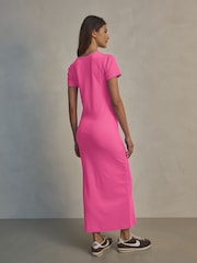 Bright Pink Ribbed T-Shirt Style Column Maxi Dress With Slit Detail - Image 2 of 6