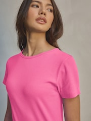 Bright Pink Ribbed T-Shirt Style Column Maxi Dress With Slit Detail - Image 3 of 6