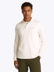 Tommy Hilfiger Cream Regular Fit Jacquard Stripe Long Sleeve 100% Cotton Polo Shirt - Image 1 of 5