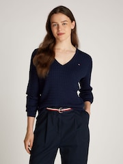 Albastru - Tommy Hilfiger Cable V-Neck Jumper - Image 1 of 6