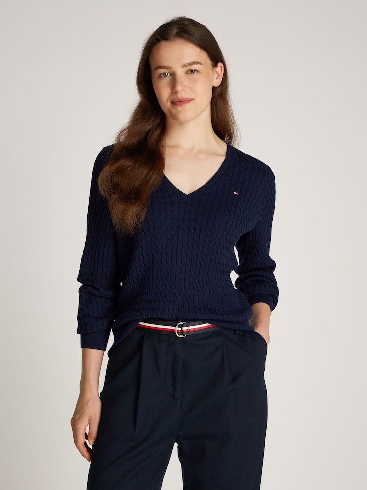 Albastru - Tommy Hilfiger Cable V-Neck Jumper - Image 1 of 6