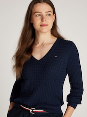 Albastru - Tommy Hilfiger Cable V-Neck Jumper - Image 3 of 6
