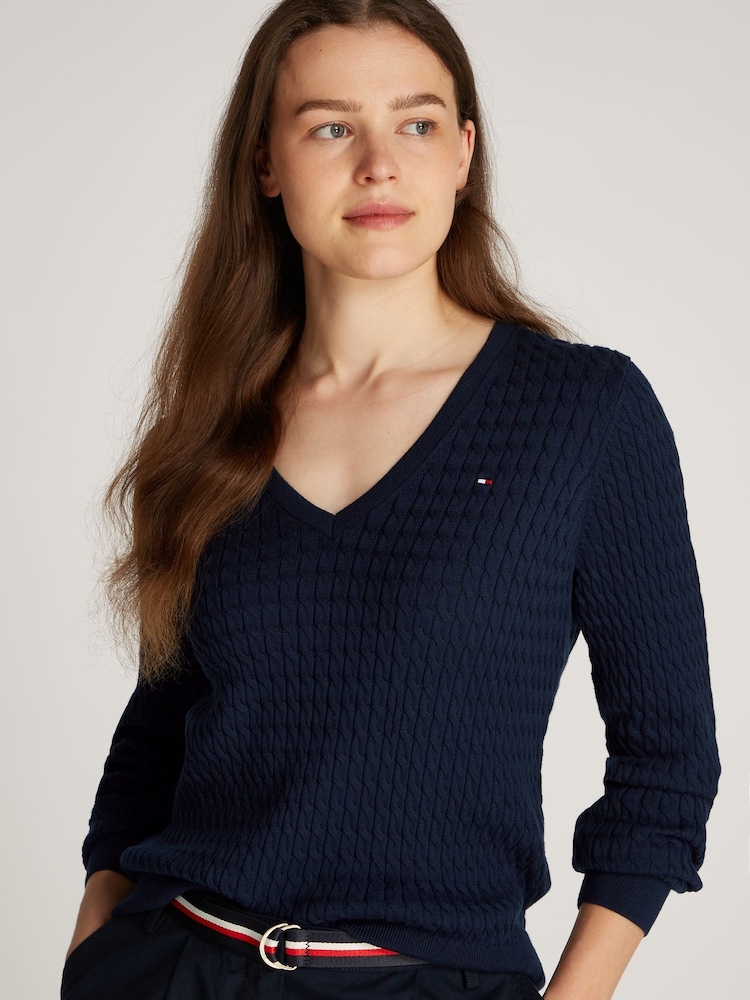 Tommy Hilfiger Blue Cable V-Neck Jumper - Image 3 of 6