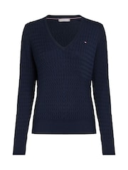 Albastru - Tommy Hilfiger Cable V-Neck Jumper - Image 5 of 6